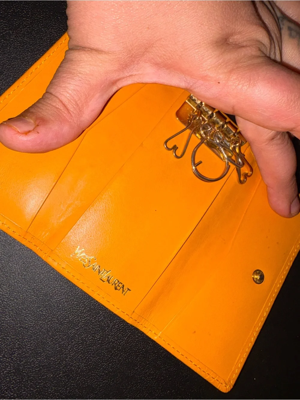 Preloved Saint Laurent Embossed Logo Yellow Leather Key Case